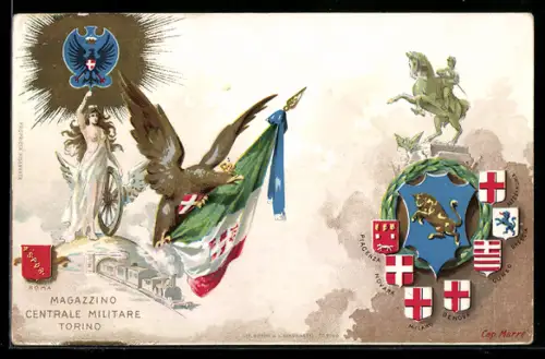 Lithographie Torino, Magazzino Centrale Militare, Wappen m. Kriegerstatue, Adler m. Fahne