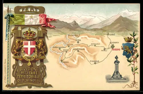 Lithographie Divisione Militare Territoriale Di Torino, Wappen und kartographische Darstellung