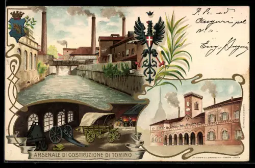 Lithographie Torino, Rathaus, Kanal, Arsenale di Costruzione