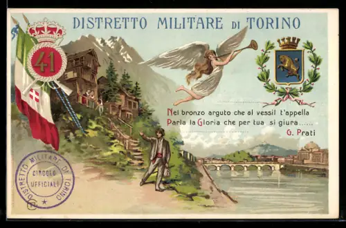 Lithographie Torino, 41. Distretto Militare di Torino, Engel m. Trompete über Mann