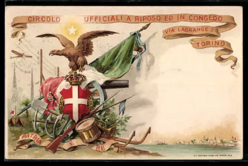 AK Wappen mit Fahne und Artillerie-Geschütz, Circulo Ufficialia Riposo ed in Concedo via Lagrange 7 Torino