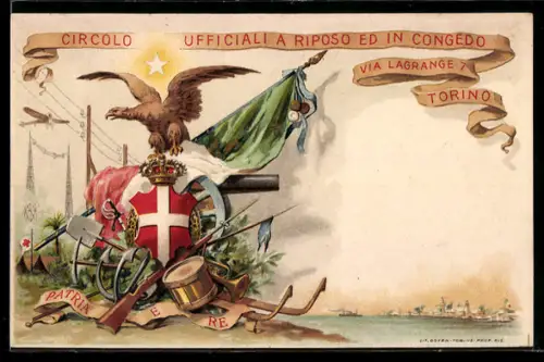 AK Wappen mit Fahne und Artillerie-Geschütz, Circulo Ufficialia Riposo ed in Concedo via Lagrange 7 Torino