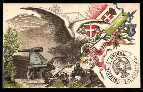 AK Direzione d`Artiglieria di Torino, Geschütz, Adler und italienische Fahne