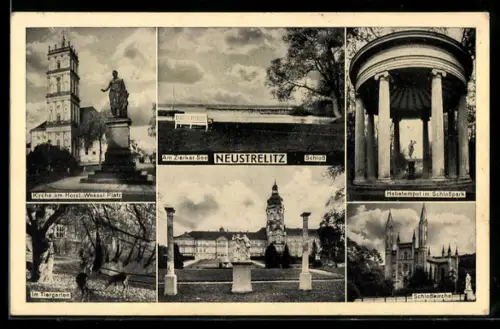 AK Neustrelitz, Kirche am  Platz, Partie im Tiergarten, Hebetempel im Schlosspark