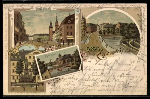 Lithographie Chemnitz, Nicolaikirche, Markthalle, Saxonia-Brunnen um 1900