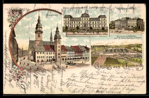 Lithographie Chemnitz, Marktplatz, v. Zimmermannsche Naturheilanstalt, Zentralwerkstatt d. Staats-Eisenbahnen