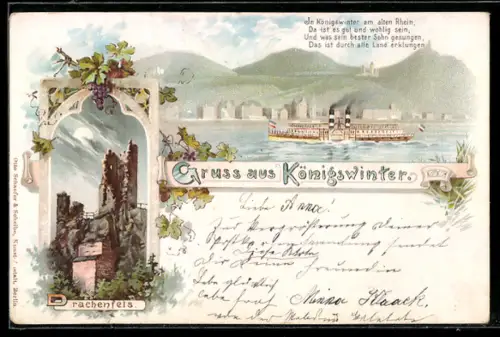 Lithographie Königswinter, Ruine Drachenfels, Stadtblick