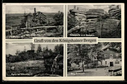 AK Königshainer Bergen, Firstenstein, Felsenpartie a. d. Hochstein, Partie am Totenstein, Berg-Restaurant