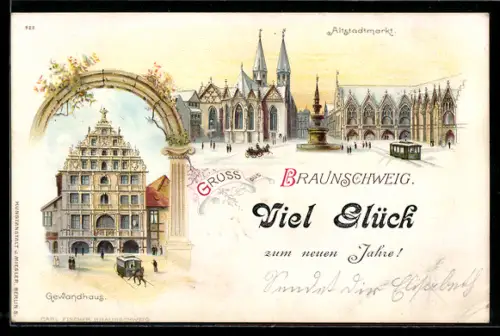 Lithographie Braunschweig, Gewandhaus, Altstadtmarkt mit Strassenbahn, Neujahrsgruss