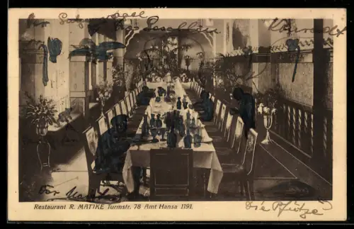 AK Berlin-Moabit, Restaurant R. Mattke, Turmstrasse 78, festlich gedeckter Saal