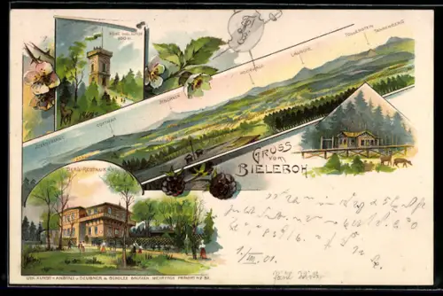Lithographie Beiersdorf, Berg-Restaurant Bieleboh, Panorama