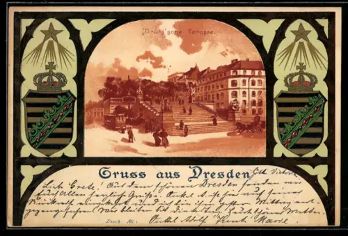 Künstler-AK Dresden, Brühlsche Terrasse, das Wappen