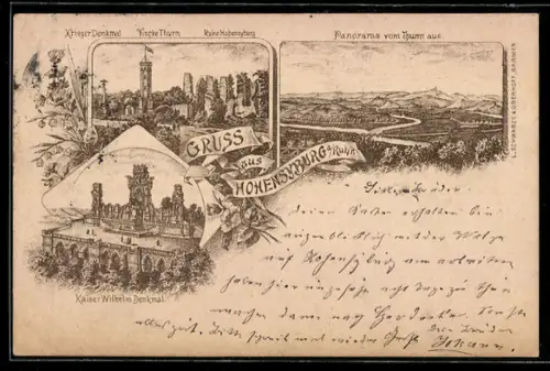 Lithographie Hohensyburg a. Ruhr, Panorama, Ruine Hohensyburg, Vincke-Turm und Krieger-Denkmal, Kaiser-Wilhelm Denkmal