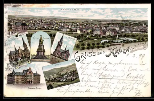 Lithographie Hagen i. W., Neue Kathol. Kirche, Krieger Denkmal, Gewerbe-Schule, Dahl, Lutherkirche, Panorama