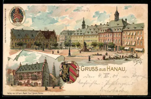 Lithographie Hanau, Marktplatz mit Rathaus und Stadtwappen