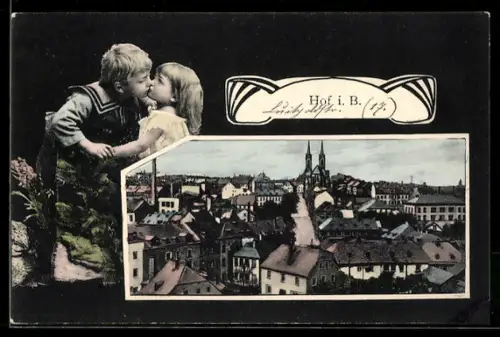 Grusskarten-AK Hof i. B., Teilansicht und Strassenpartie mit Kirche, Kinderpaar, Passepartout