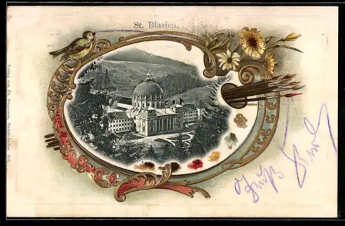 Passepartout-Lithographie St. Blasien, Kirche, Vogel mit Margeriten