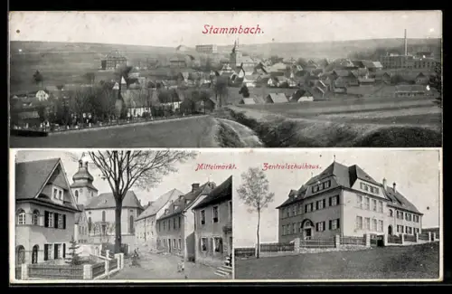 AK Stammbach, Panorama, Mittelmarkt, Zentralschulhaus