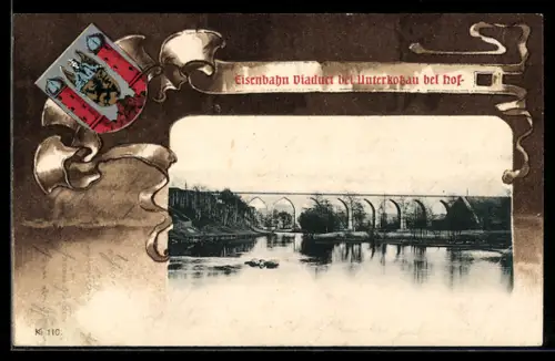 Lithographie Unterkotzau bei Hof, Eisenbahn-Viaduct, Wappen, Passepartout
