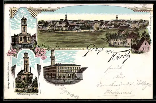 Lithographie Fürth, Rathaus, Auferstehungskirche, Katholische Kirche
