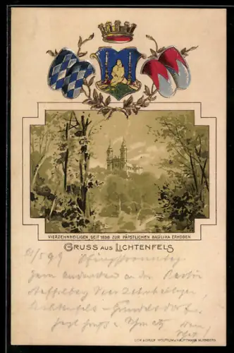 Passepartout-Lithographie Lichtenfels, Vierzehnheiligen 1898 z. Päpstlichen Basilika erhoben, Wappen