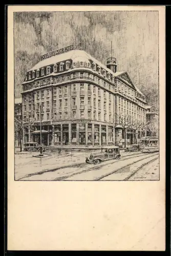 AK Frankfurt /Main, Hotel Excelsior, Aussenansicht mit Strassenbahn