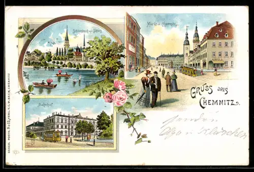 Lithographie Chemnitz, Bahnhof, Schlossteich mit Schloss und der Markt mit Strassenbahn