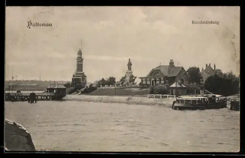 AK Holtenau, Kanaleinmündung mit Leuchtturm u. Standbild, Panorama, Dampfer