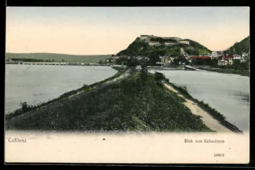 AK Koblenz, Blick vom Hafendamm, Panorama mit Festung