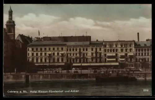 AK Coblenz a. Rh., Hotel Riesen-Fürstenhof und Anker, Panorama vom Wasser, Turm