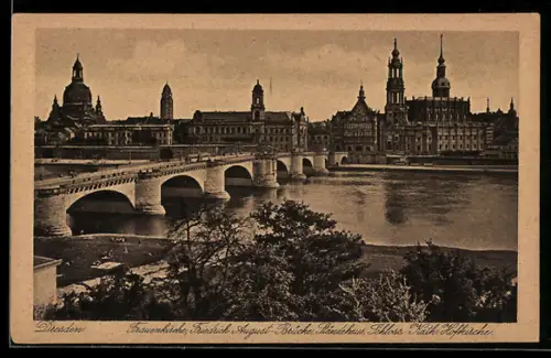 AK Dresden, Frauenkirche, Friedrich-August-Brücke, Ständehaus, Schloss, Kath. Hofkirche
