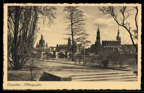 AK Dresden-Neustadt, Königsufer mit Brücke u. Elbpanorama