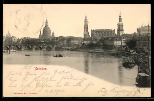 AK Dresden, Elbpanorama mit Frauenkirche, Brühlsche Terrasse, Augustusbrücke