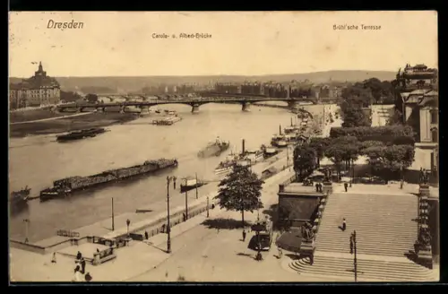 AK Dresden, Carola- u. Albertbrücke, Brühlsche Terrasse, Panorama aus der Vogelschau
