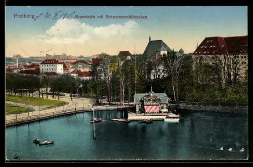AK Freiberg, Kreuzteich mit Schwanenschlösschen aus der Vogelschau