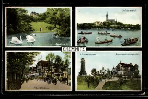 AK Chemnitz, Gasthaus Waldschänke, Stadtpark, Schlossteich, Bismarckturm, Bismarckschlösschen