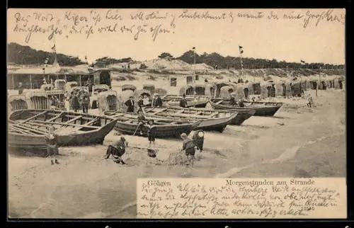 AK Göhren, Morgenstunden am Strande, Boote, Strandkörbe, Badegäste
