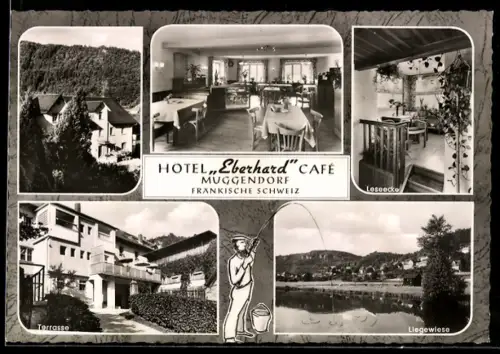AK Muggendorf /Fränk. Schweiz, Hotel Eberhard Café H. Würffel, Terrasse, Leseecke, Liegewiese