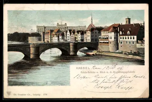 AK Kassel, Fulda-Brücke, Blick auf Regierungsgebäude