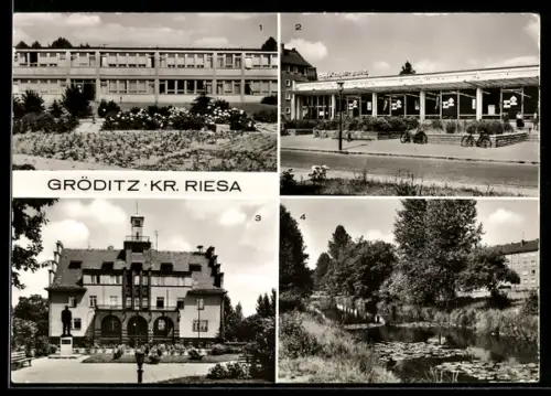 AK Gröditz /Riesa, HO-Kaufhalle, Polytechnische Oberschule, Am Kanal, Rathaus