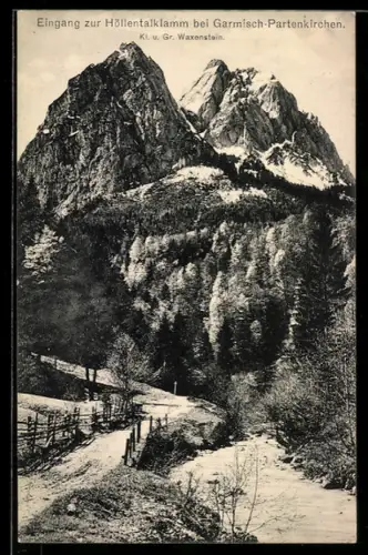 AK Garmisch-Partenkirchen, Eingang zur Höllentalklamm, Kl. und Gr. Waxenstein