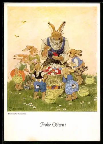 Künstler-AK Franziska Schenkel: Osterhase mit Nachwuchs beim Eierbemalen
