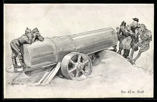 Künstler-AK F. Gareis: Soldaten in Uniform an einer riesigen Kanone