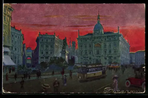 Künstler-AK G. Guerzoni: Milano, Piazza Cordusio, Platz mit Strassenbahn