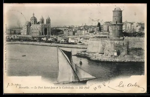 AK Marseille, Le Fort Saint-Jean et la Cathédrale