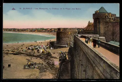 AK St-Malo, Les Remparts, le Château et la Plage des Bains