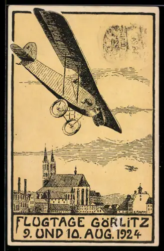 Künstler-AK Görlitz, Flugtage August 1924, Flugzeug über der Stadt