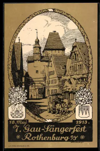 AK Rothenburg, 7. Gau-Sängerfest 18.5.1913, Ortsansicht mit Kutsche