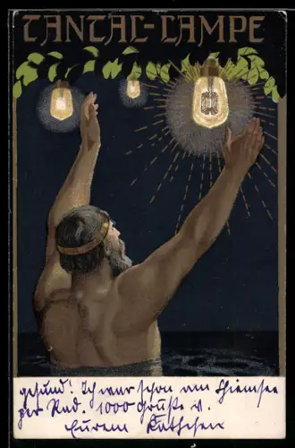 AK Jugendstil-Mann streckt seine Arme hoch, Tantal-Lampen