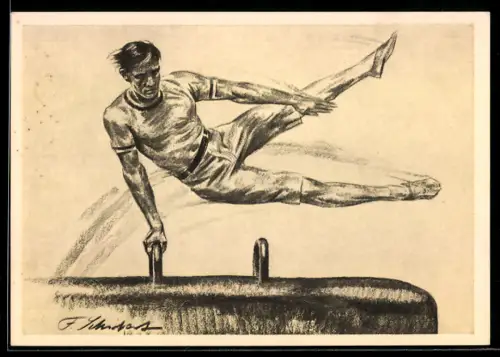 AK Turner am Pauschenpferd bei der einhändigen Seitgrätsche